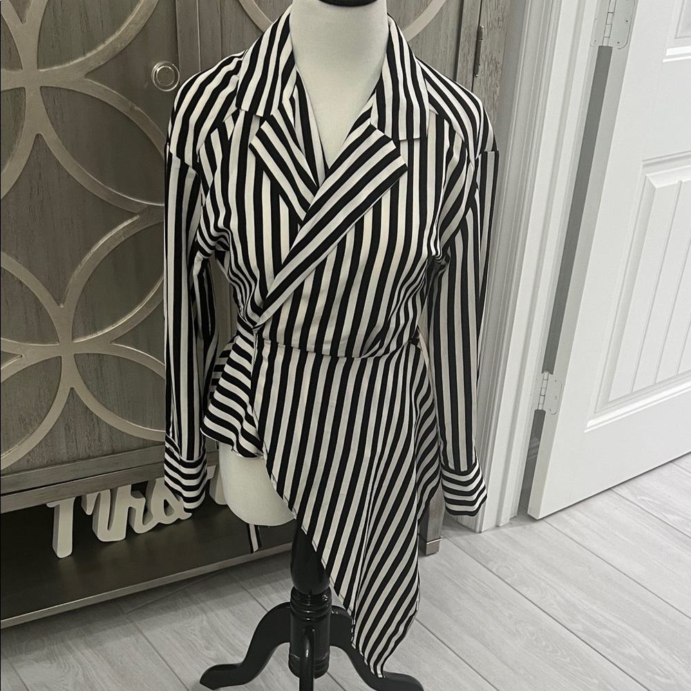 Black and White Striped Asymmetrical wrap around blouse